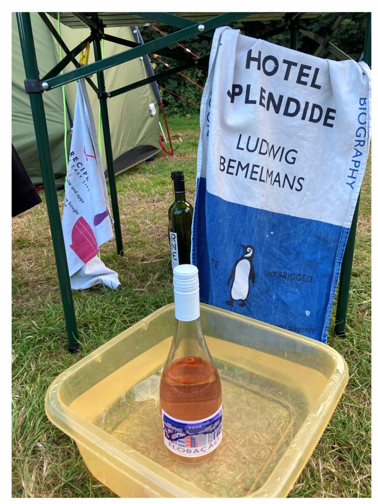 Campsite image, Devon - photo shows bottle of rose wine cooling in a washing  up bowl. Behind is a tea towel drying - it says 'Hotel Splendide' by Ludwig Bemelans. Photograph by Sarah Simpkin